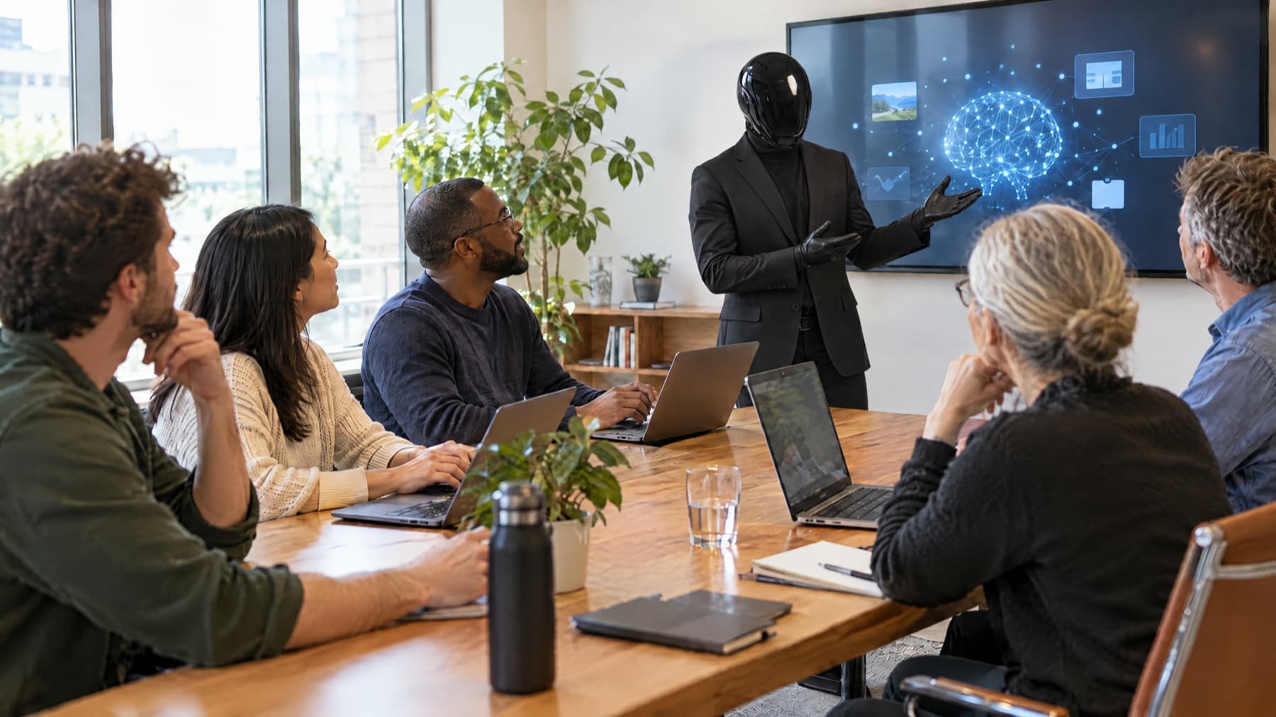 A person in a black suit and glossy black mask presents at a wall screen while colleagues watch from around a table