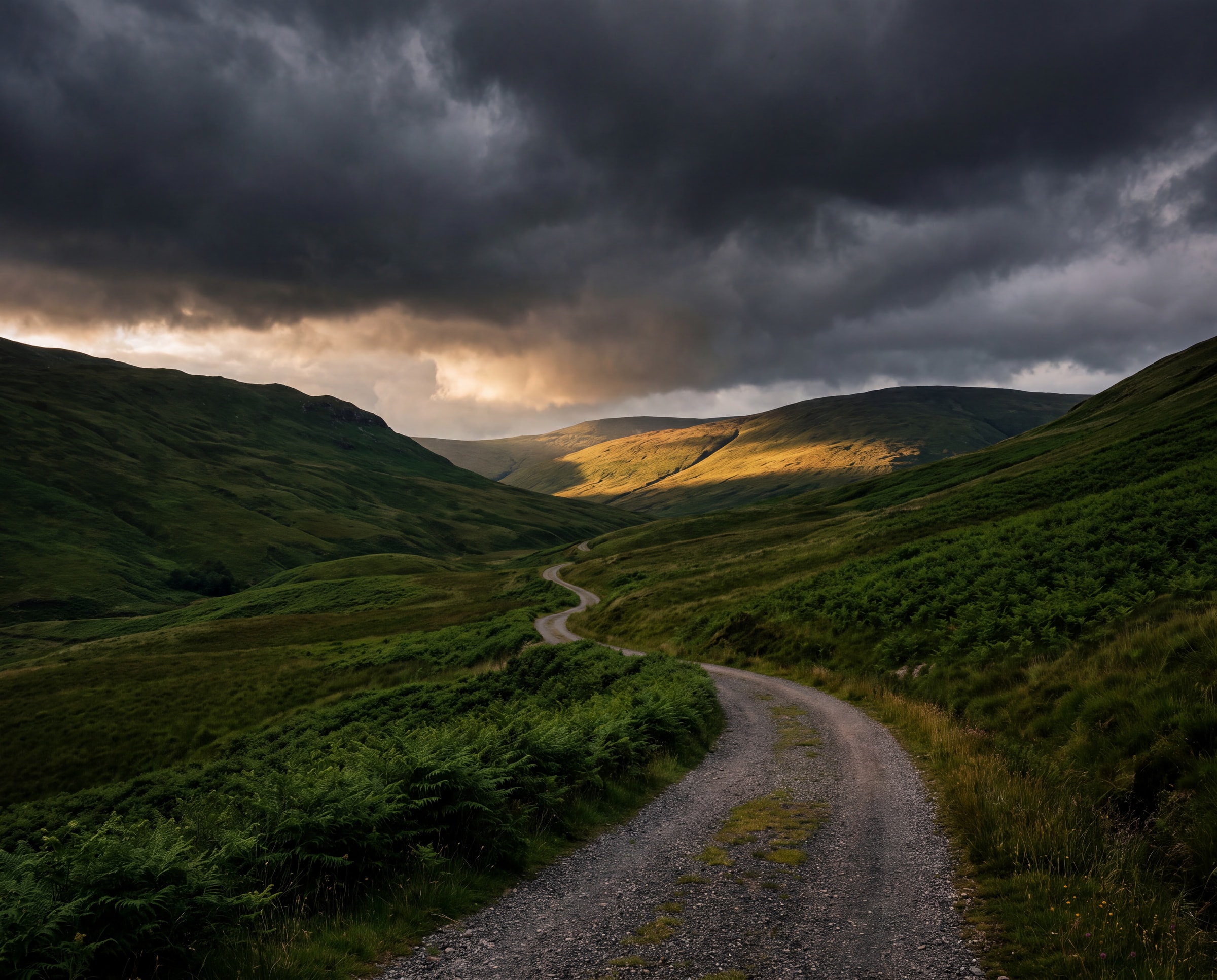 A gravel road winding through green hills under breaking storm clouds