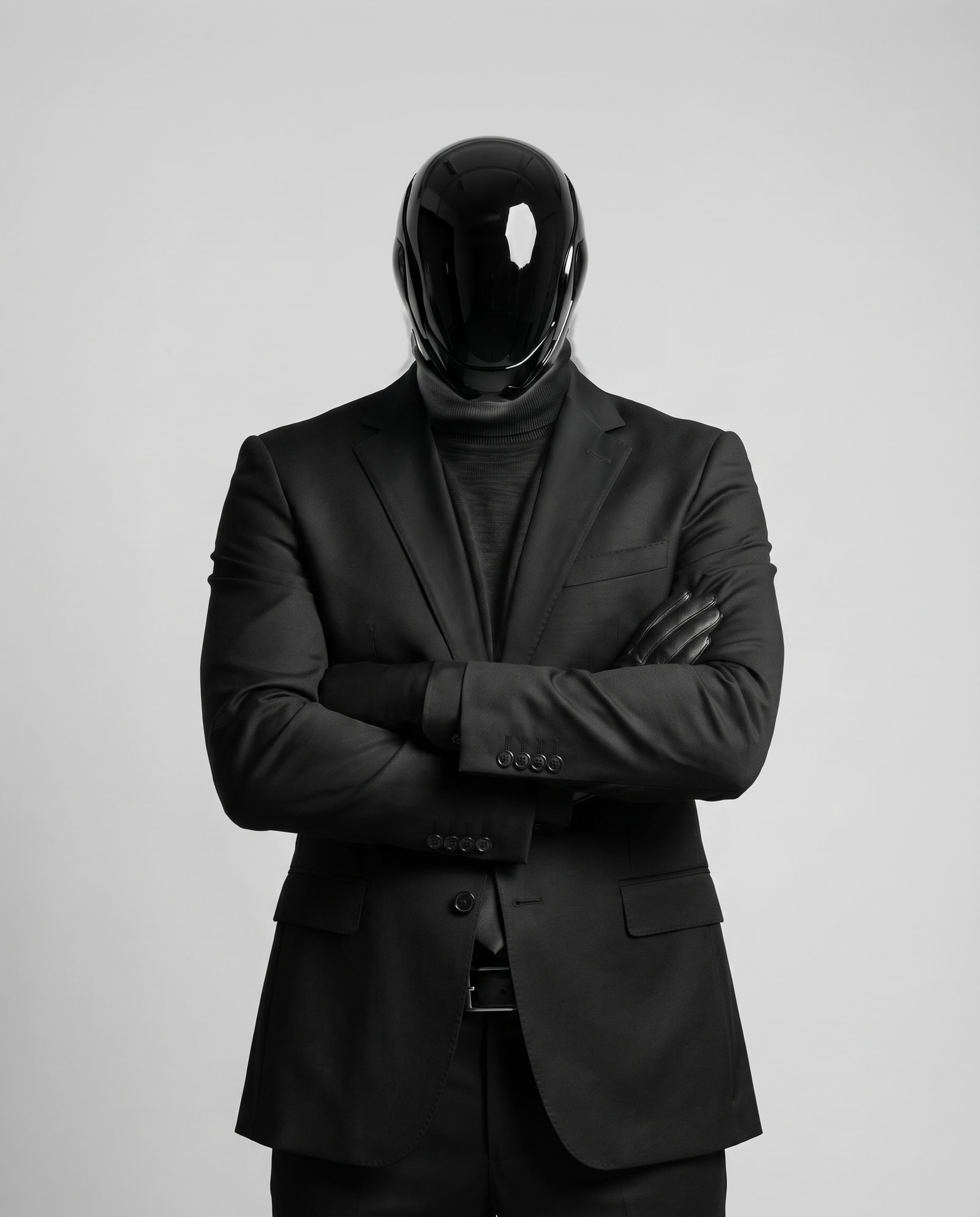 McCarthy's mascot in a black suit and glossy black helmet, arms crossed