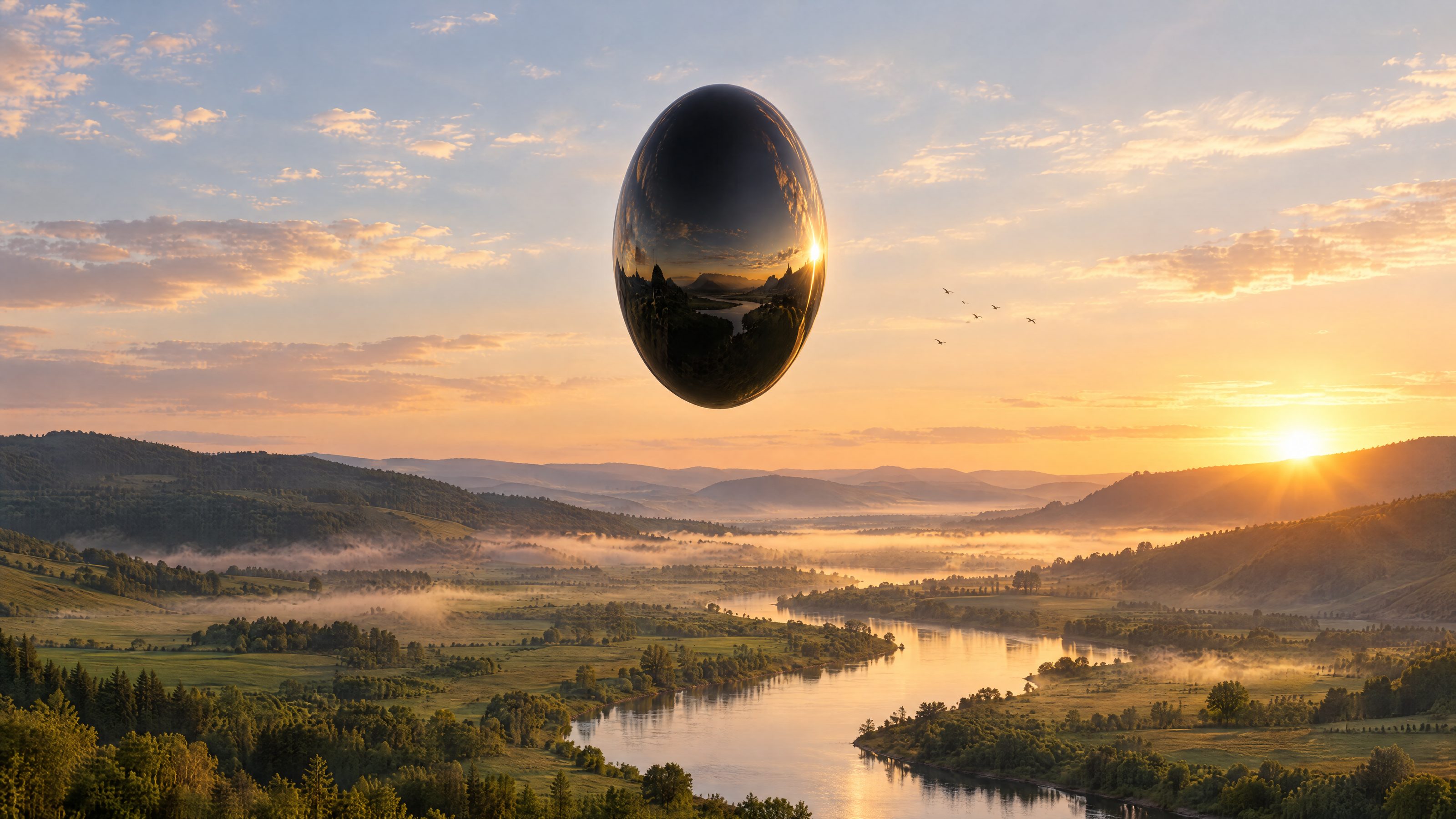 A glossy black egg-shaped craft hovers high above a green river valley at sunrise