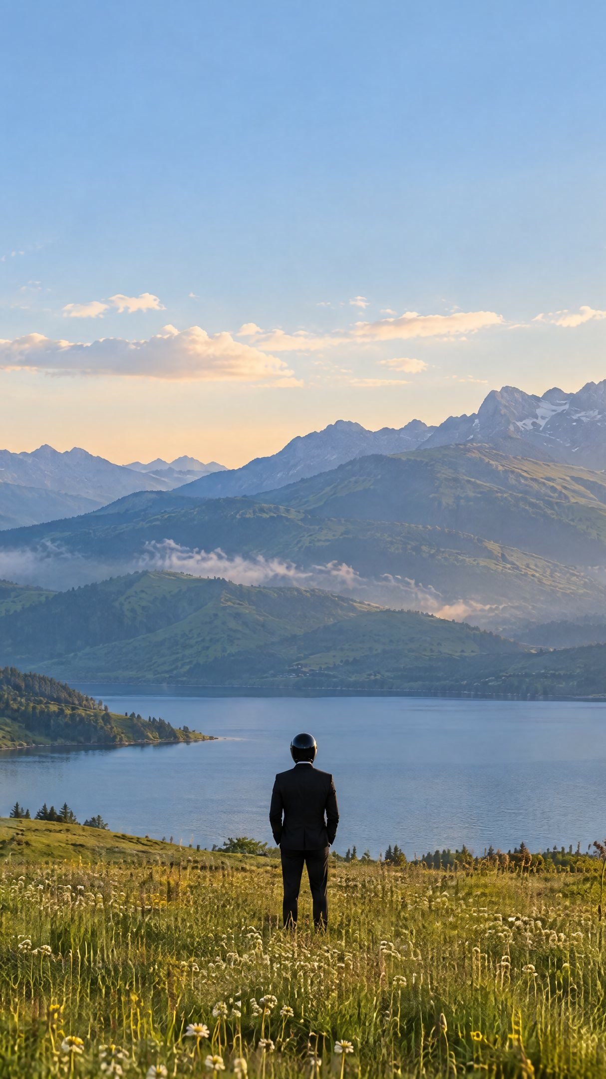 A person in a black suit and a glossy black mask stands in a wildflower meadow, looking out over a lake and mountains in warm afternoon light