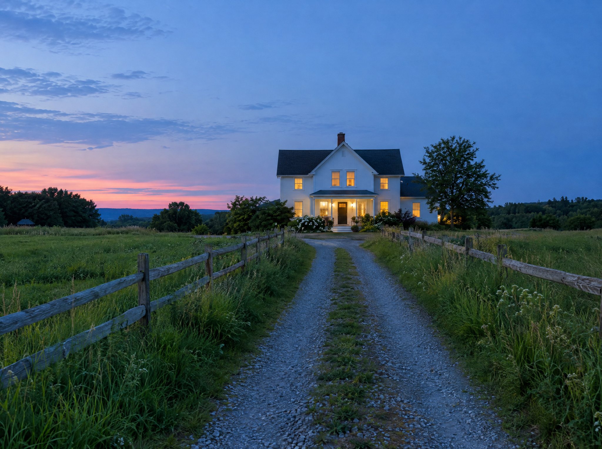 A white farmhouse with lit windows at the end of a gravel lane through summer fields at dusk